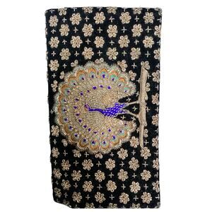 VTG Clutch Women’s 1Size Velvet With Gold Color Embroidery Peacock Motif Black